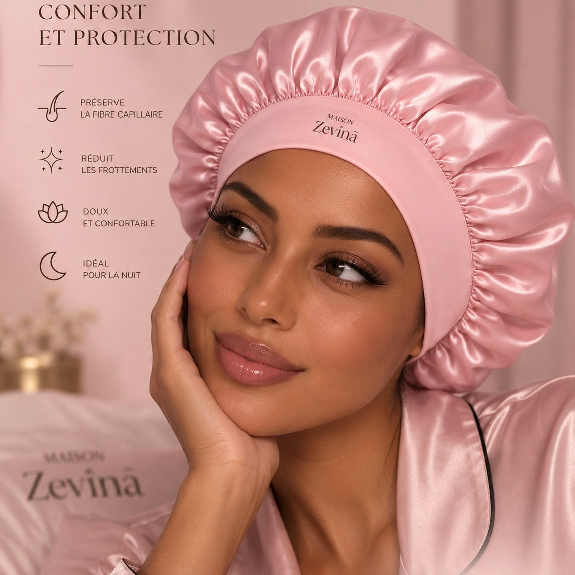 Bonnet en satin Zevîna rose