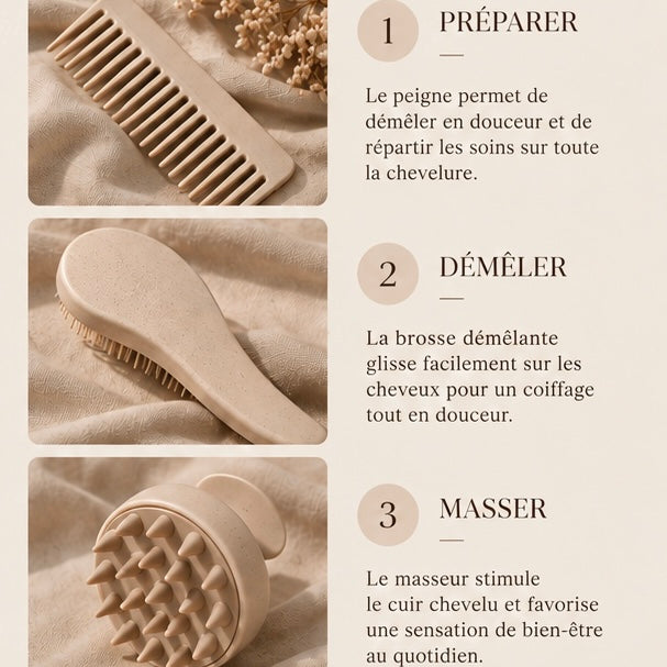 Set Rituel Cuir Chevelu Zevîna - étapes préparer, démêler, masser